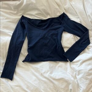 Edikted Navy Blue Off-Shoulder Long Sleeve Top